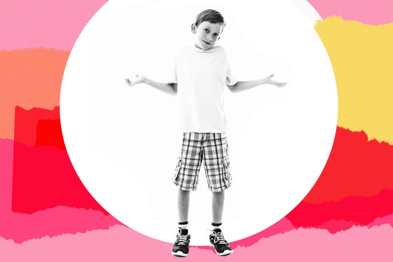 A child holds his arms out in a shrugging motion.